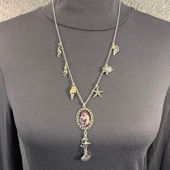 Merrow Celtic Mermaid Mythology Handmade Y Necklace Silver Sea Charms Seashell - Picture 10 of 16